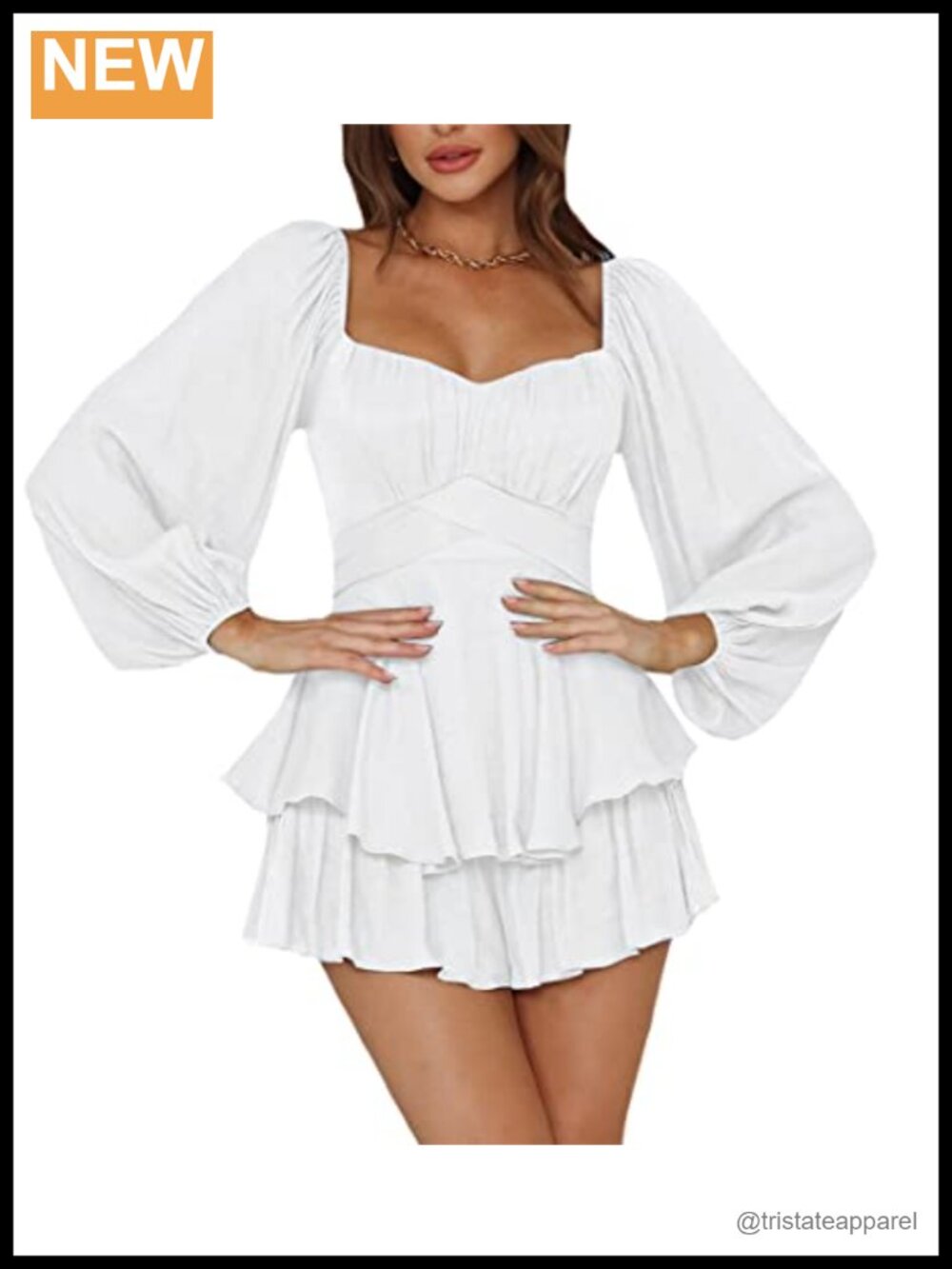 Lantern Long Sleeve Ruffled Hem Waist-Tie Romper Shorts